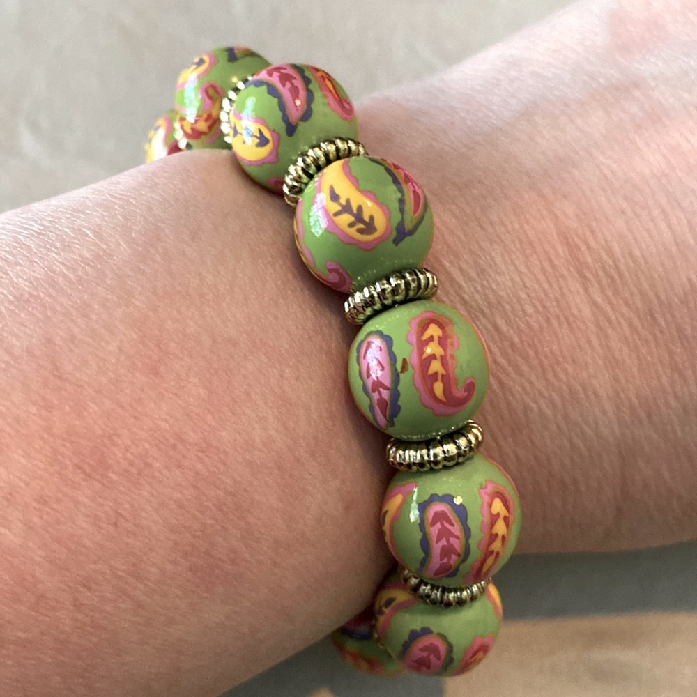 Angela Moore hand painted beaded bracelet - Paisley Green Pink Multi - Picture 2 of 5